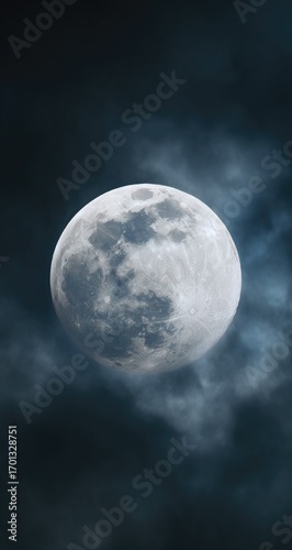Full moon shrouded in clouds at night