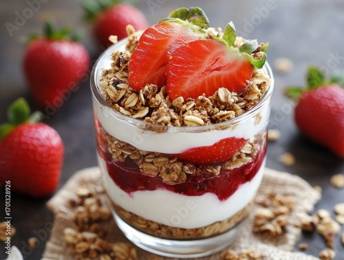 Refreshing fruit yogurt parfait layered with granola and strawberries