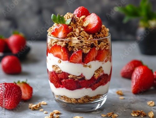 Refreshing fruit yogurt parfait layered with granola and strawberries
