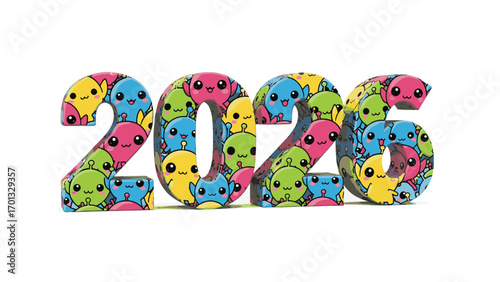 Whimsical 3D numbers forming "2026" filled with a vibrant collage of cute, cartoonish characters in various bright colors.