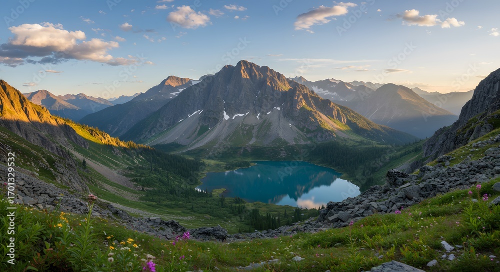 Fototapeta premium Mountain landscape with lake under clear sky at daytime scenic nature view
