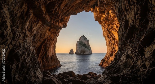 Dramatic Seascape View of Faraglioni Rocks From Cave in Capri Italy