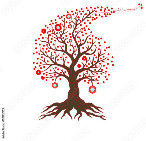  'Tree of Life,' featuring deep red foliage and glowing, ornate fruit. The twisted trunk and sprawling roots form a captivating, organic shape