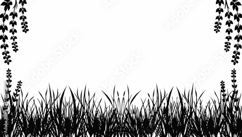 Vector silhouette illustration of grass and hanging plants on both sides of the frame on a white background