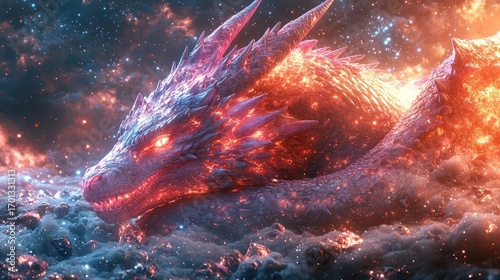Fiery dragon resting in cosmic dust.