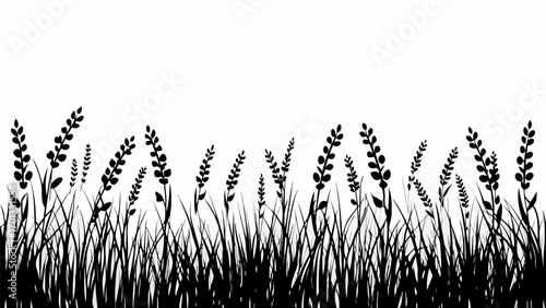 Vector a silhouette of tall grass and flowering plants against a white background creating a natural border design