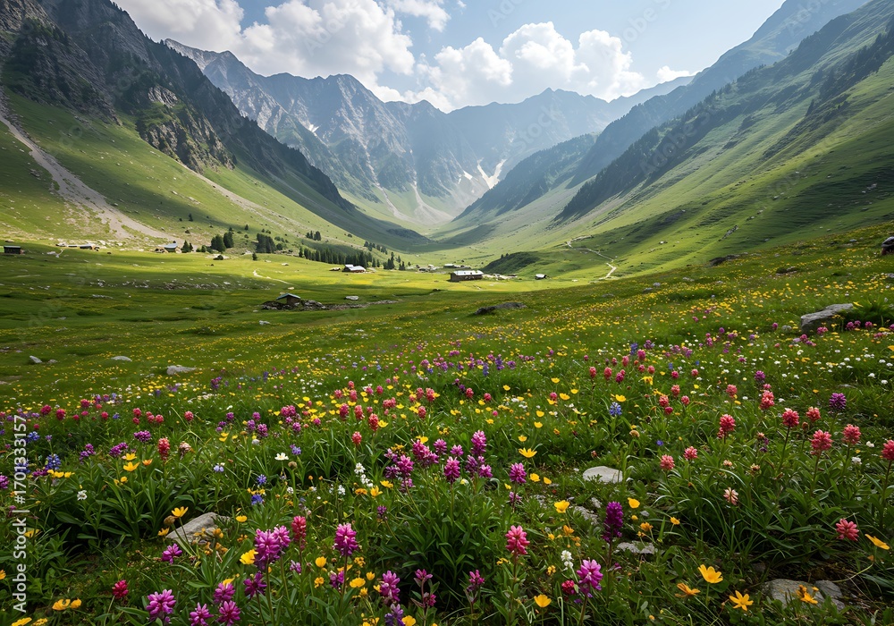 Obraz premium Alpine Meadow Wildflowers, Mountain Valley Landscape