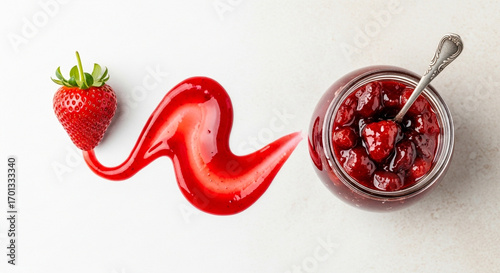 Ripe Strawberry Leading to Thick Strawberry Preserves in Flat Lay
