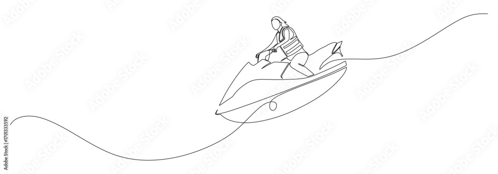 Fototapeta premium Continuous line art of a woman riding a jet ski on a beach with rolling waves. Vector illustration