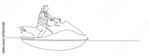 Continuous line art of a woman riding a jet ski on a beach with rolling waves. Vector illustration