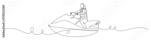 Continuous line art of a woman riding a jet ski on a beach with rolling waves. Vector illustration