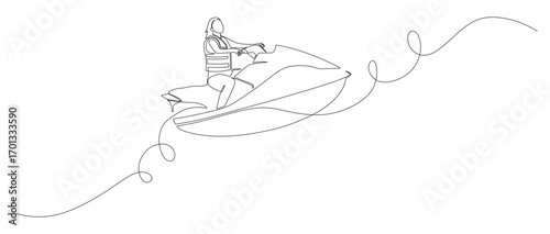 Continuous line art of a woman riding a jet ski on a beach with rolling waves. Vector illustration