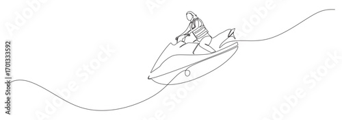 Continuous line art of a woman riding a jet ski on a beach with rolling waves. Vector illustration
