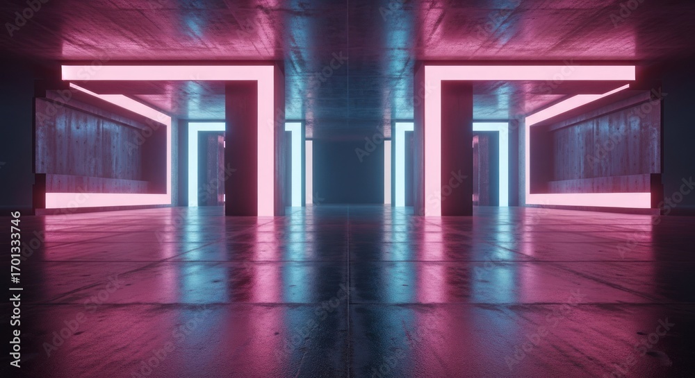 Fototapeta premium Lit corridor with pink/blue neon framing openings