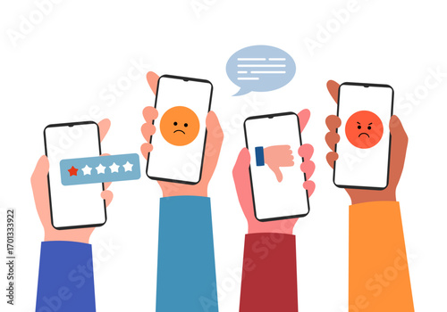Bad review concept design. Online negative user feedback. Customer experience ranking. Dislike, complaint, bad rate. Web comment. Angry client feedback. Social survey result vector illustration