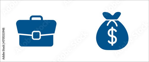 Briefcase and money bag icon for finance, work, job, income. Solid vector icon. Eps10 file.