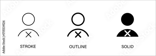 Account reject icon for ui design, app, user, social media, not accepted. Vector stroke, outline and solid icons.