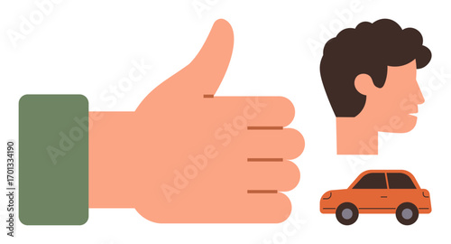 Large thumbs-up gesture, side profile of a person, and a small orange car in minimalist flat style. Ideal for approval, communication, transportation, confidence, agreement, positivity simple flat