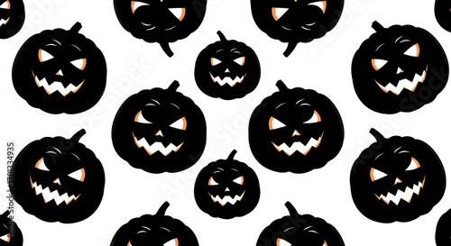 Seamless pattern of black jack-o'-lanterns with glowing orange eyes and jagged teeth on a white background.