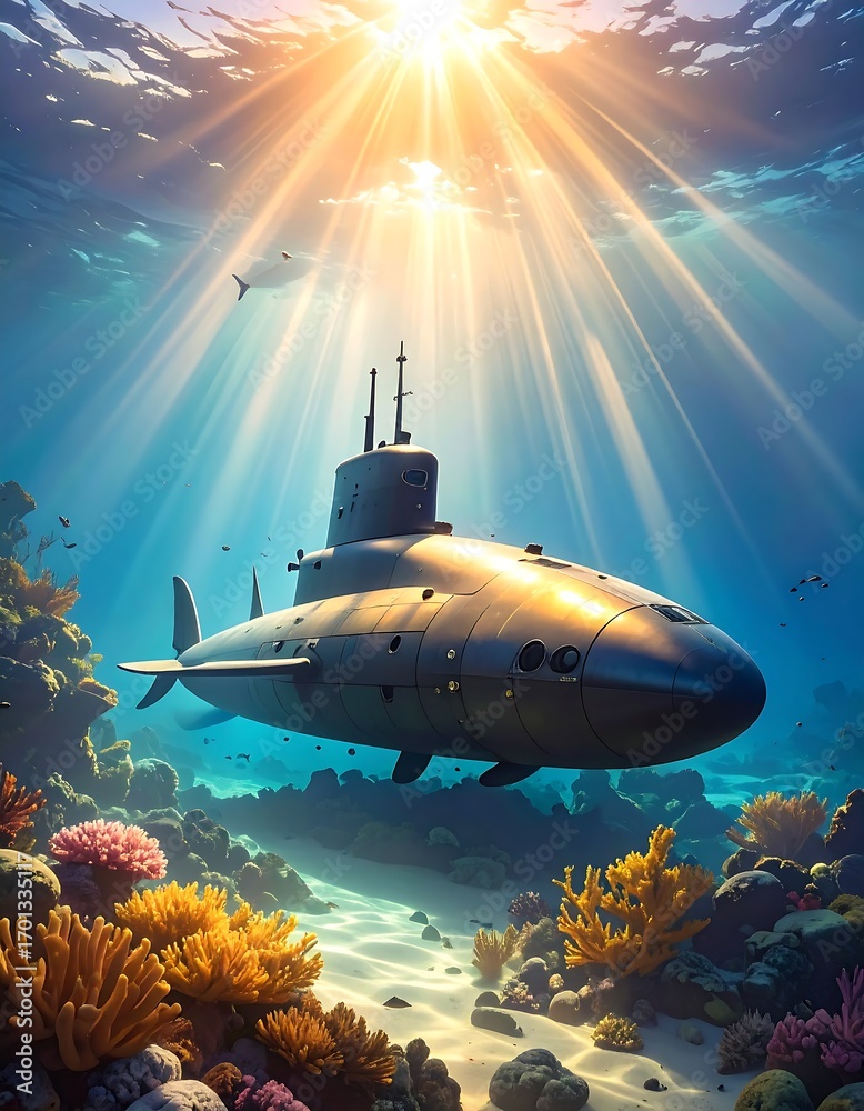 Fototapeta premium Submarine in coral reef