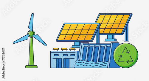 A vibrant illustration of renewable energy sources, including a wind turbine, solar panels, and a hydroelectric dam with a recycling symbol.