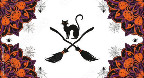 Black Cat with Yellow Eyes Standing on Crossed Witch Brooms, Halloween Illustration