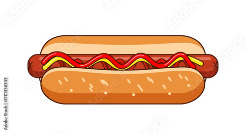 Classic Hot Dog with Ketchup and Mustard Cartoon Illustration