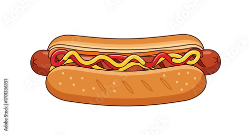 Classic cartoon hot dog with ketchup and mustard in a golden toasted bun