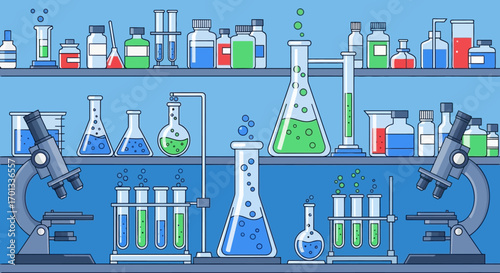 Colorful Laboratory Equipment with Liquids and Bubbles