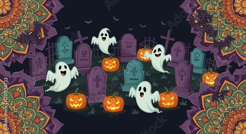 Cute Halloween graveyard scene with cheerful ghosts, glowing pumpkins, and spooky gravestones illustration