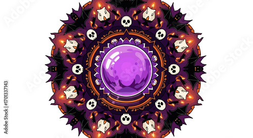 Halloween Mandala with Purple Crystal Ball, Bats, Skulls, and Candles
