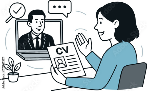 Virtual Job Interview Vector. Woman Candidate with CV in Online Video Call with HR Manager, Remote Hiring and Recruitment Process Illustration.