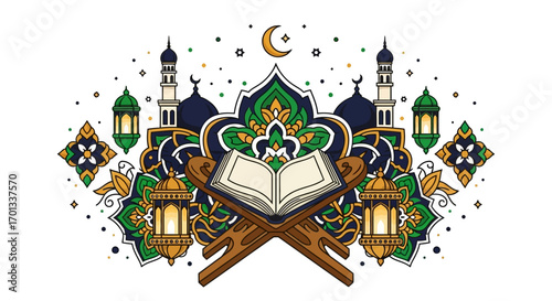 Islamic Holy Book on Wooden Stand with Mosques and Lanterns