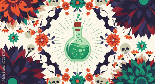 Mystical green bubbling potion bottle with cork, surrounded by skulls, bats, and vibrant floral pattern.