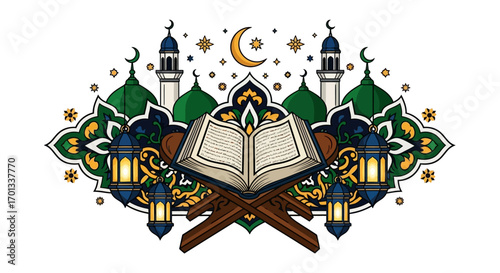 Open Quran on Wooden Stand with Islamic Lanterns and Mosque Illustration
