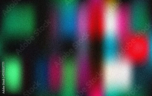 Abstract Colorful Blurred Background with Noise Texture:  Vibrant Neon Hues, Dark Moody Atmosphere, Grainy Film Effect.
