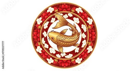 Ornate Asian medallion with a golden koi fish swimming among clouds, framed by red lotus flowers.