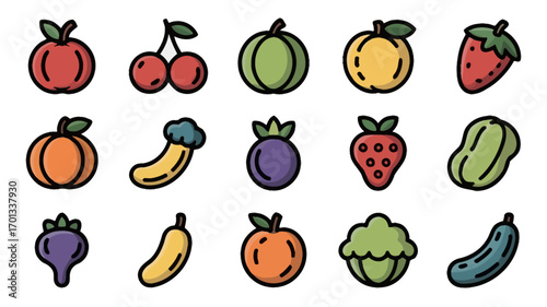 Vibrant collection of fresh fruit and vegetable icons for healthy eating and nutrition concepts