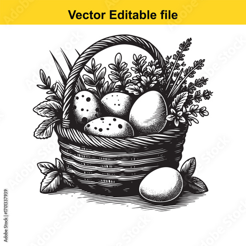 Easter basket with eggs and flowers isolated on white background