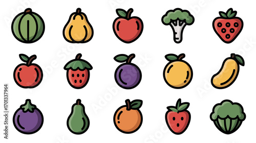 Collection of fresh, colorful fruit and vegetables icons for healthy eating and wellness