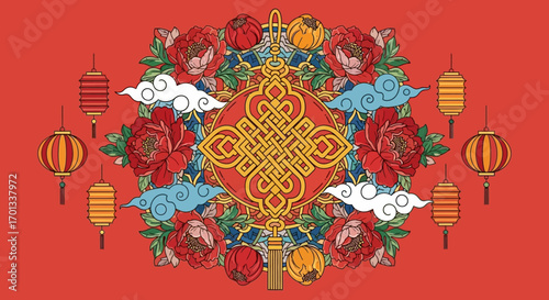Ornate Chinese New Year medallion with a golden endless knot, red peonies, stylized clouds, and lanterns.