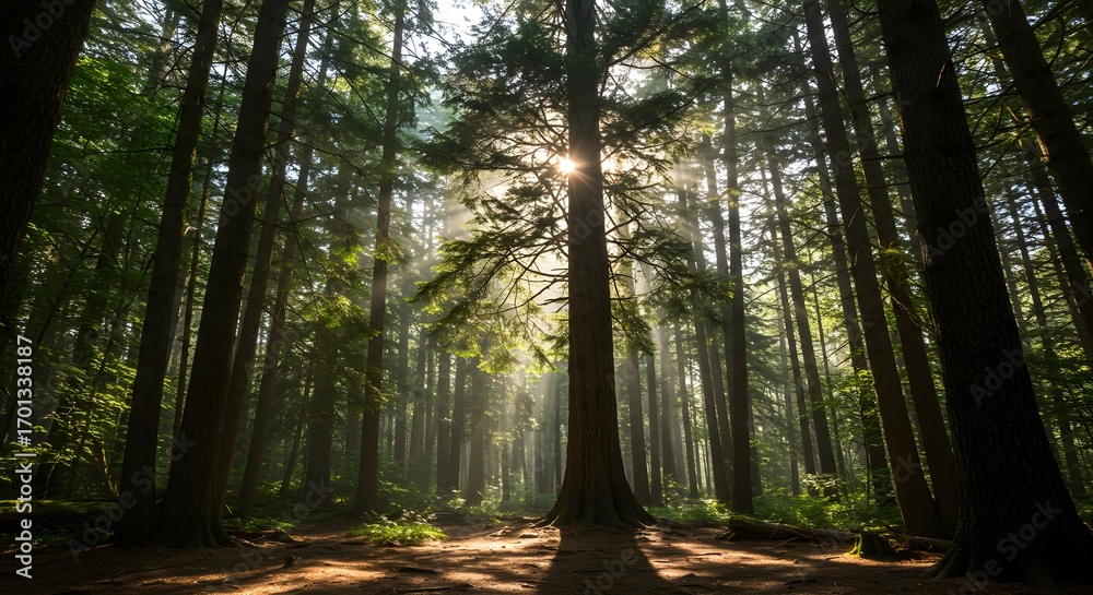 Naklejka premium Tall trees with sunlight streaming through a dense forest environment