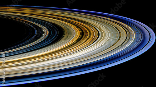 Detailed close up view of colorful planetary rings with vibrant blue, gold, and white hues creating mesmerizing swirling pattern against deep black space background