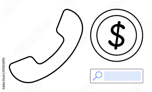 Phone handset, dollar icon, and search bar suggest communication, finance, and online services. Ideal for customer support, sales, research, connectivity business growth technology use simple