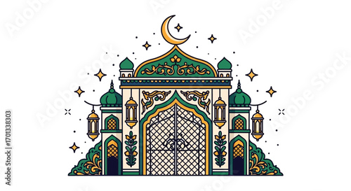 Ornate Islamic mosque gate illustration with green domes, golden crescent moon, and hanging lanterns