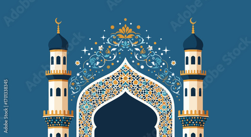 Ornate Islamic mosque illustration with two minarets, crescent moons, and intricate geometric patterns