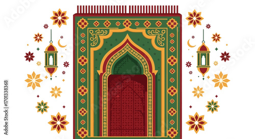 Ornate Islamic Prayer Rug with Floral and Lantern Decorations