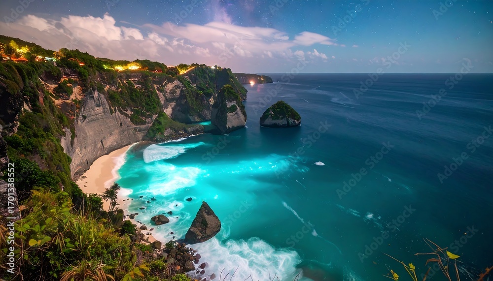 Fototapeta premium Coastal vista showcasing cliffs, beach, ocean under a starry night sky with light reflecting on waves