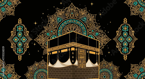 Ornate Kaaba Illustration with Golden Accents and Floral Motifs