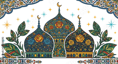 Ornate Mosque Domes with Floral Patterns and Crescent Moons Illustration